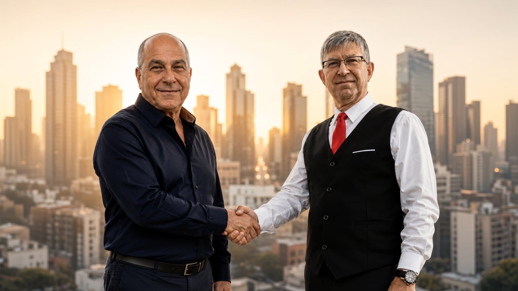 Oded Tagger of Aventro and Kobi Kalderon of Gold Ventures Investment shaking hands
